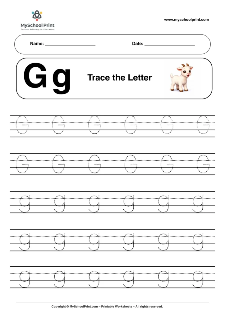 G tracing worksheet for preschool and kindergarten