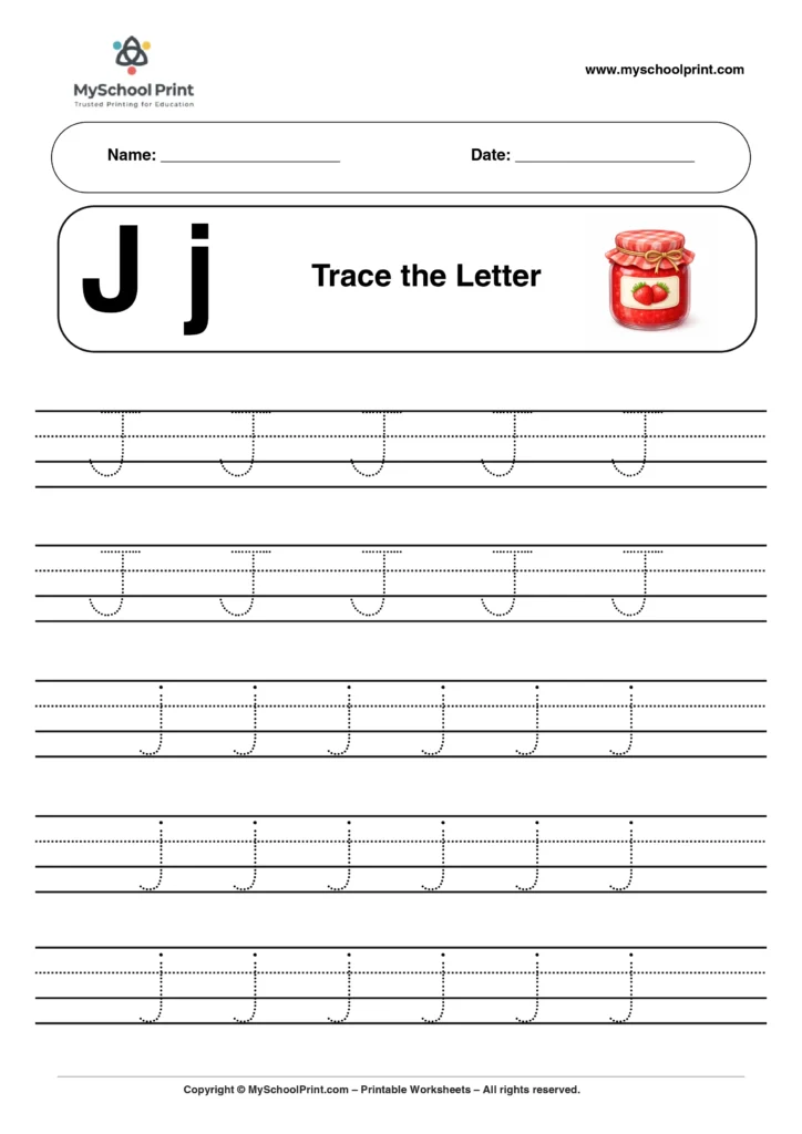 J tracing worksheet for preschool and kindergarten