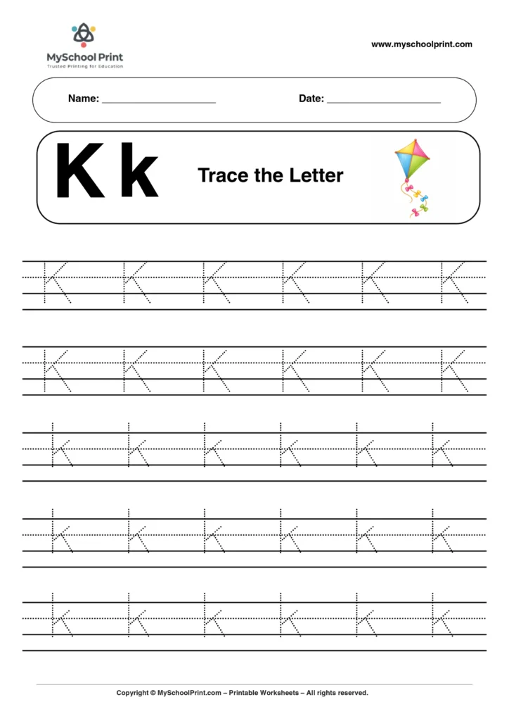 K tracing worksheet for preschool and kindergarten