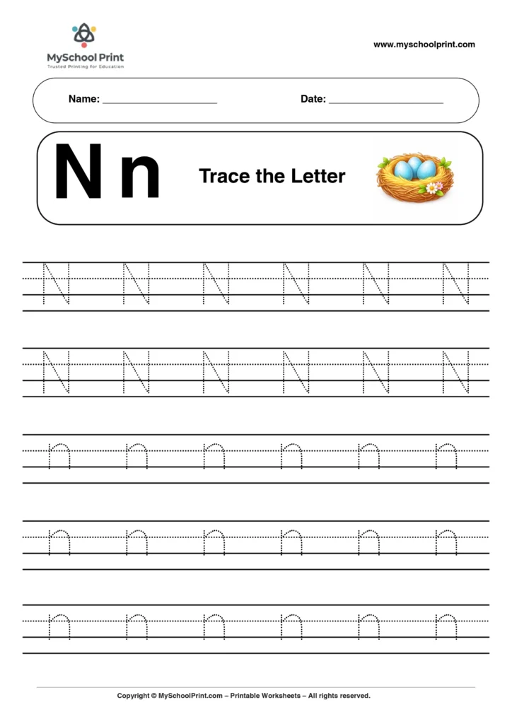N tracing worksheet for preschool and kindergarten