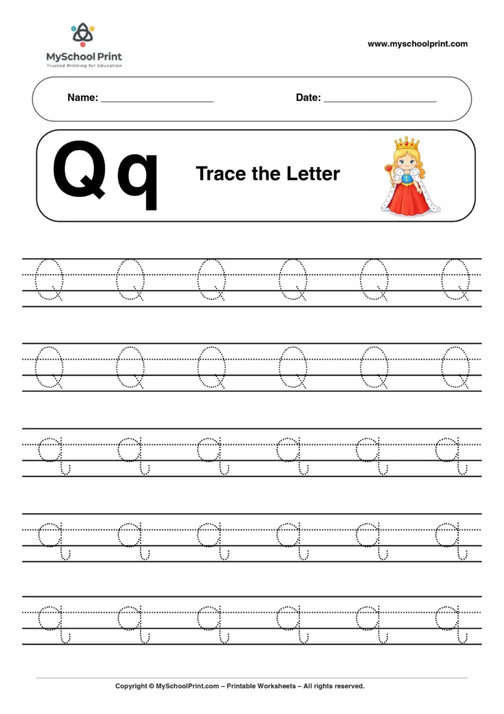 Q tracing worksheet for preschool and kindergarten