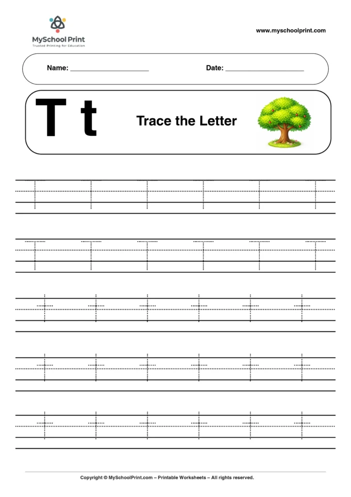 T tracing worksheet for preschool and kindergarten