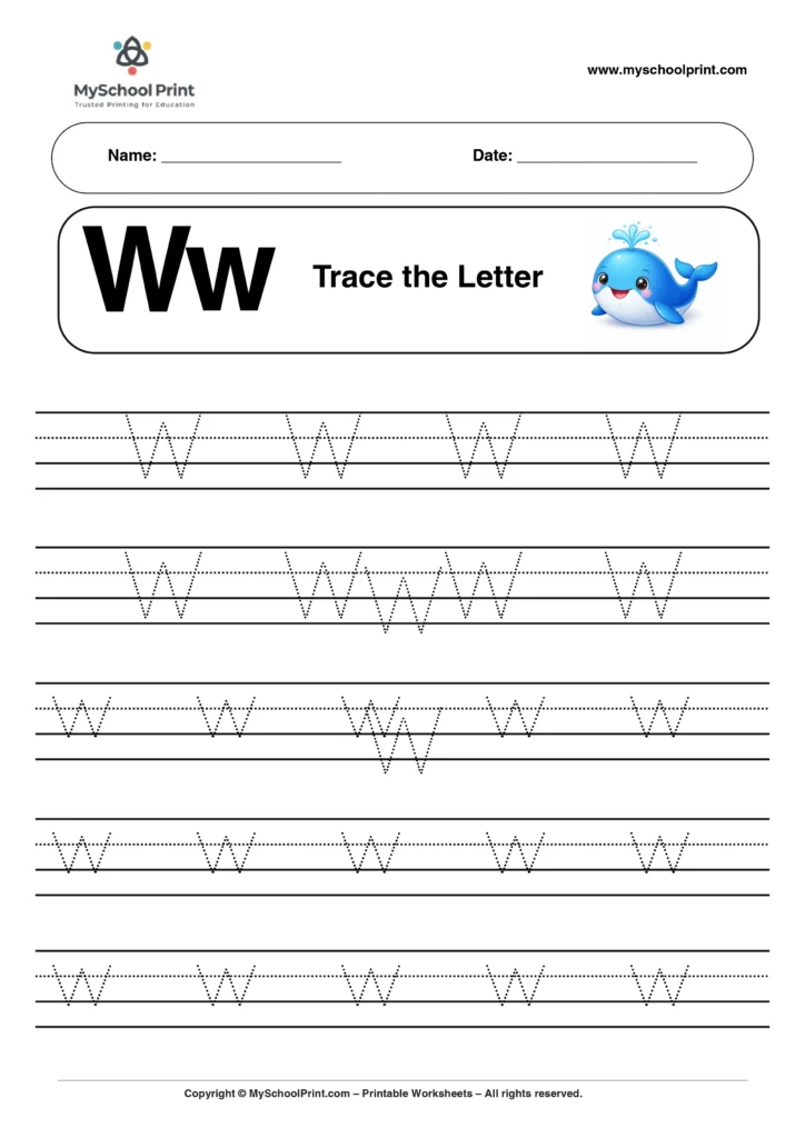 W tracing worksheet for preschool and kindergarten