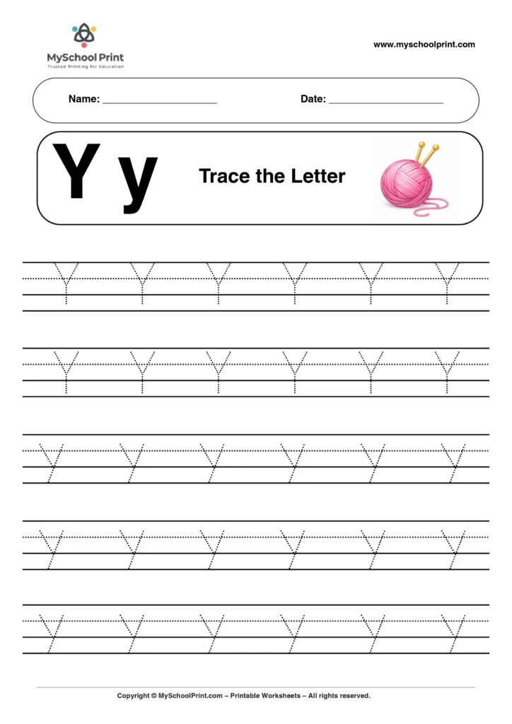 Y tracing worksheet for preschool and kindergarten