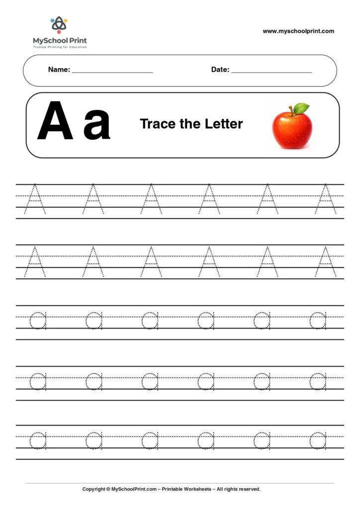 A capital and small letter A tracing worksheet for preschool children