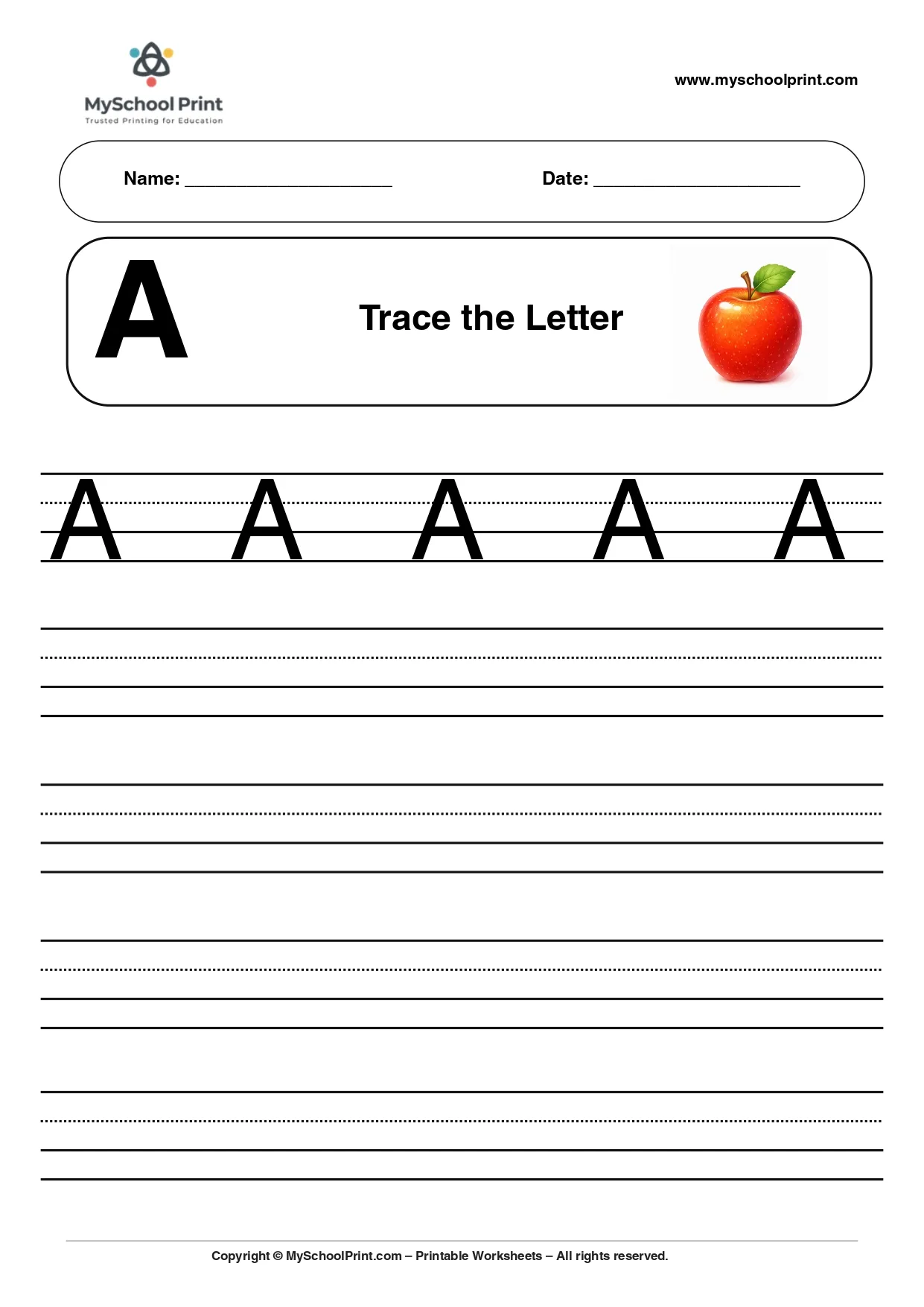 Uppercase letter A tracing worksheet for preschool