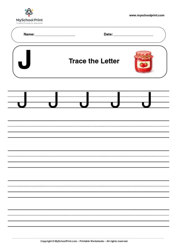 Uppercase letter J tracing worksheet for preschool