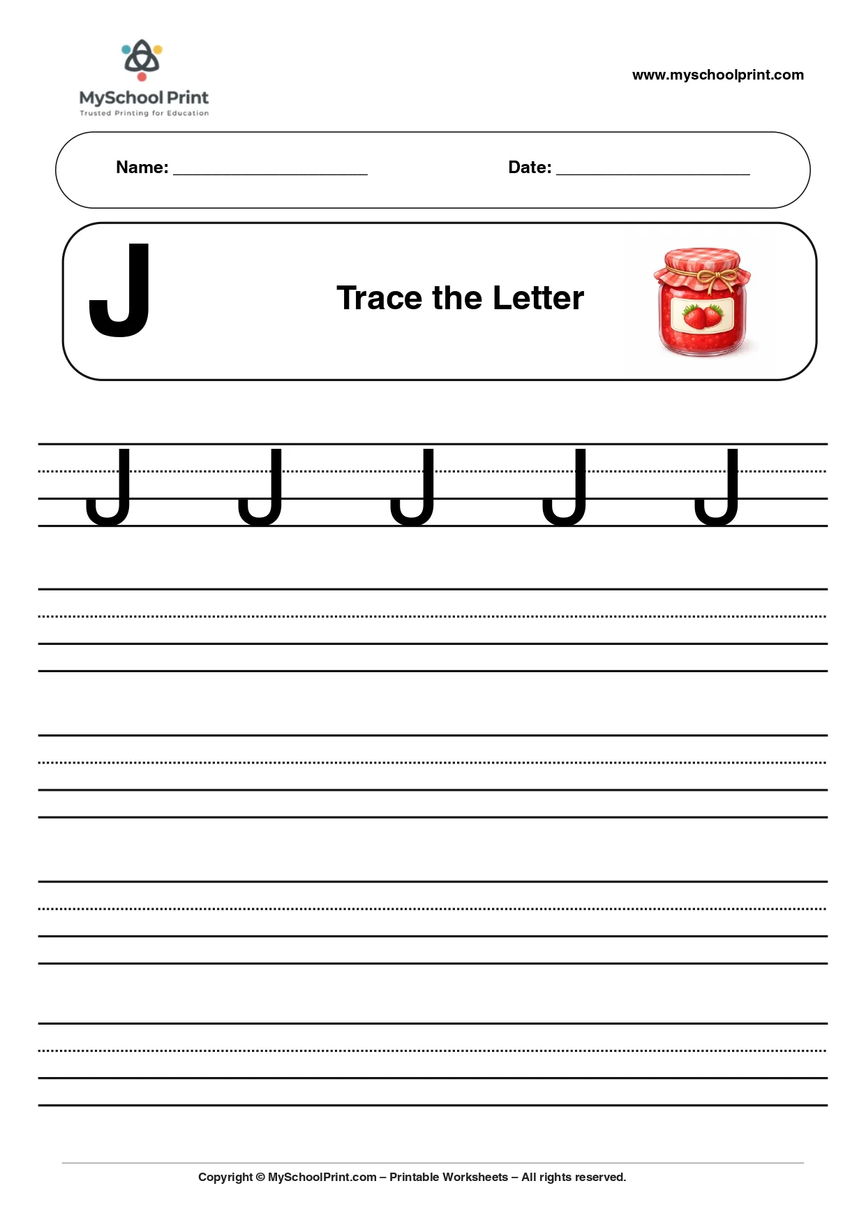 Uppercase letter J tracing worksheet for preschool