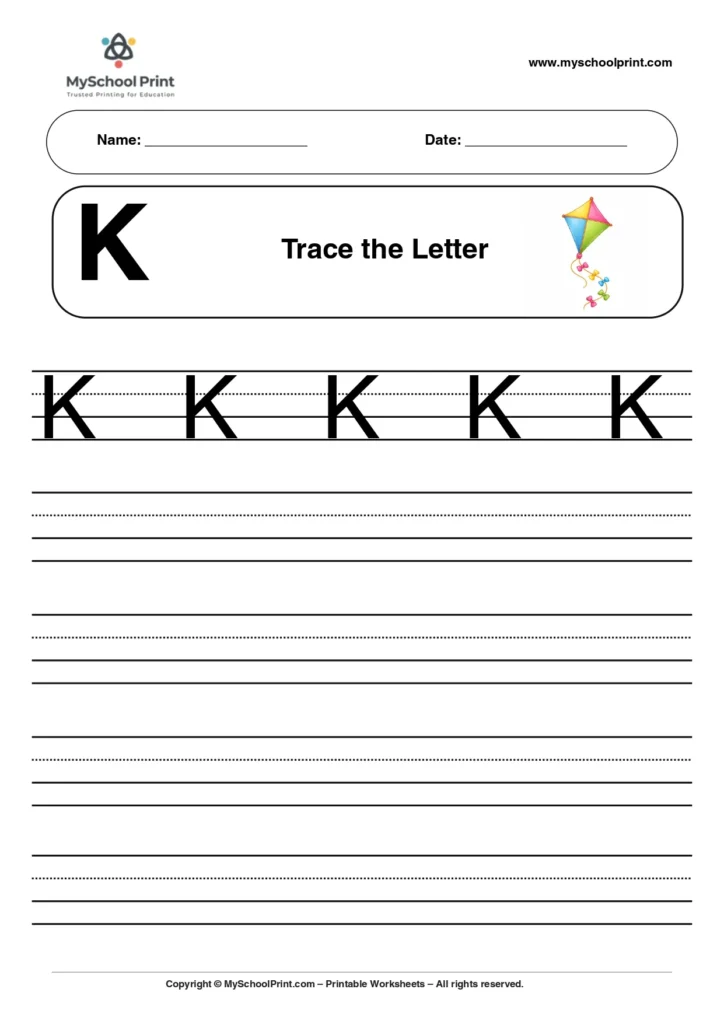 Uppercase letter K tracing worksheet for preschool