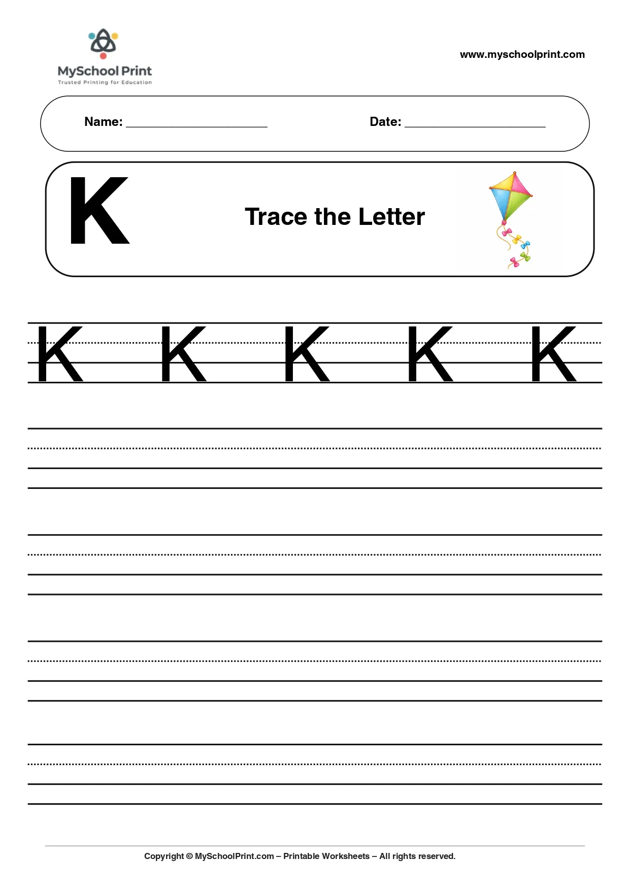 Uppercase letter K tracing worksheet for preschool