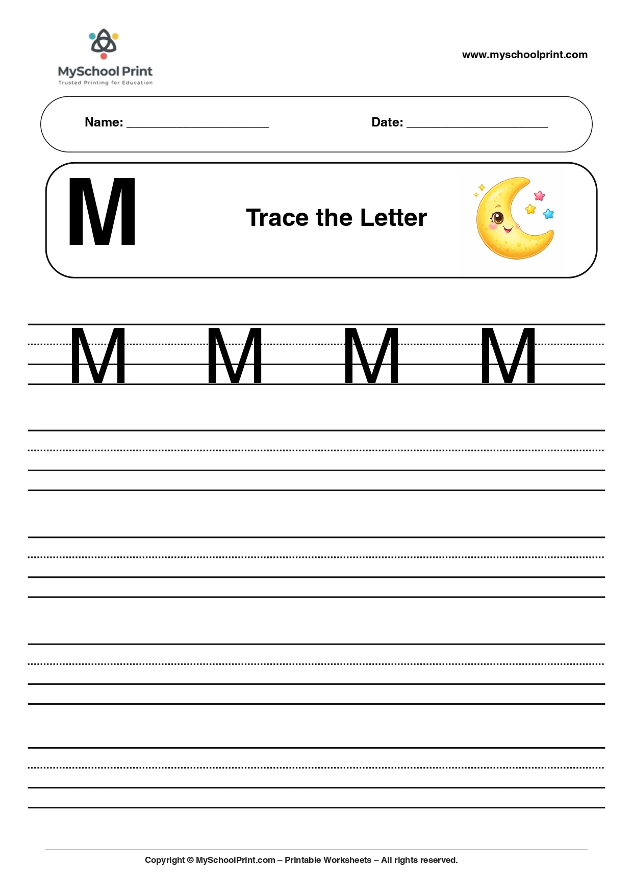 Uppercase letter M tracing worksheet for preschool