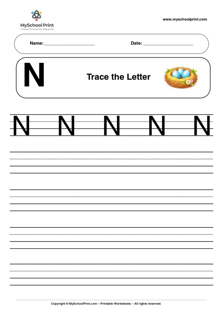 Uppercase letter N tracing worksheet for preschool