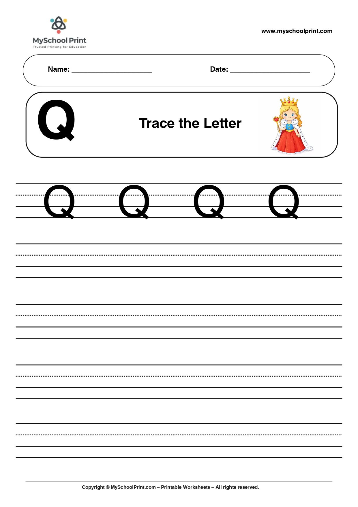 Uppercase letter Q tracing worksheet for preschool