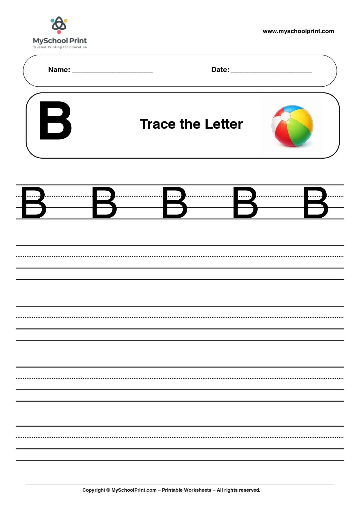 Uppercase letter B tracing worksheet for preschool