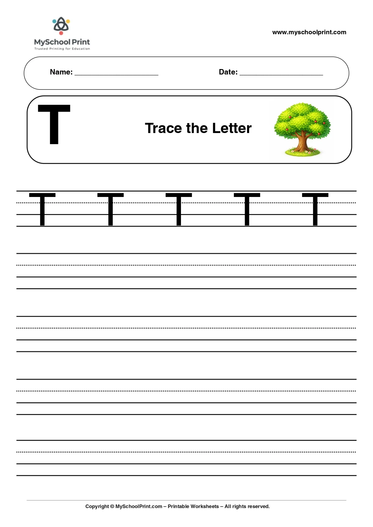 Uppercase letter T tracing worksheet for preschool
