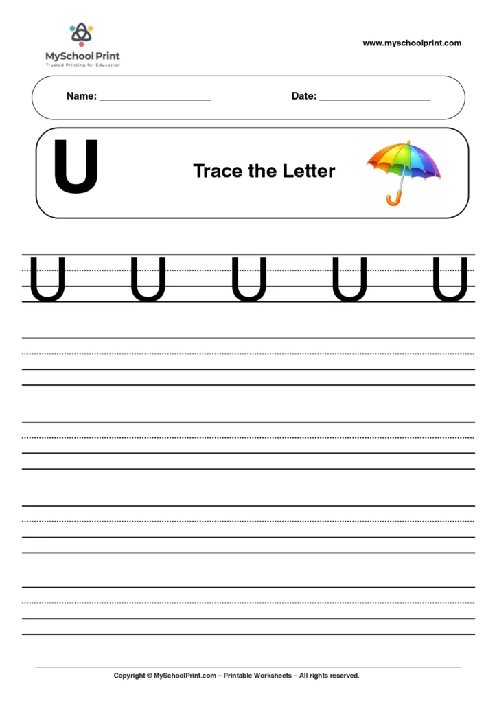 Uppercase letter U tracing worksheet for preschool
