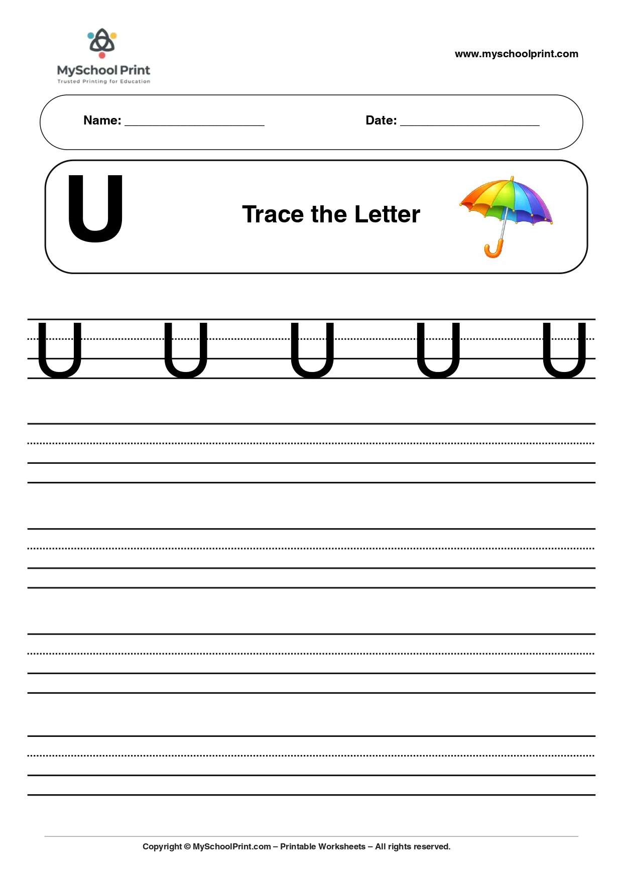 Uppercase letter U tracing worksheet for preschool