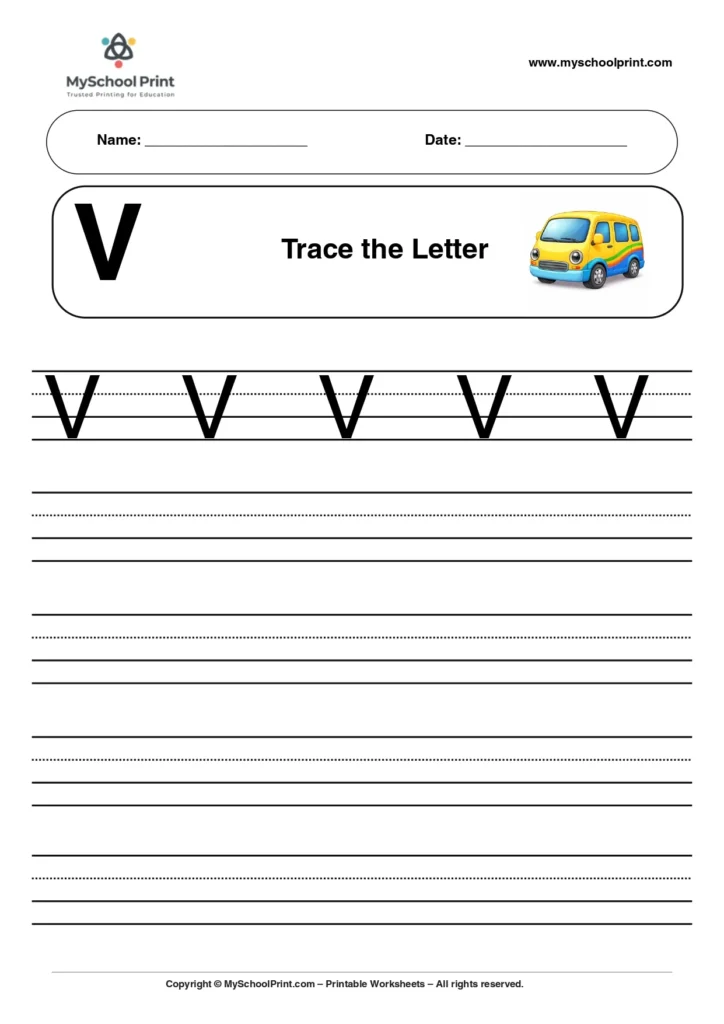 Uppercase letter V tracing worksheet for preschool