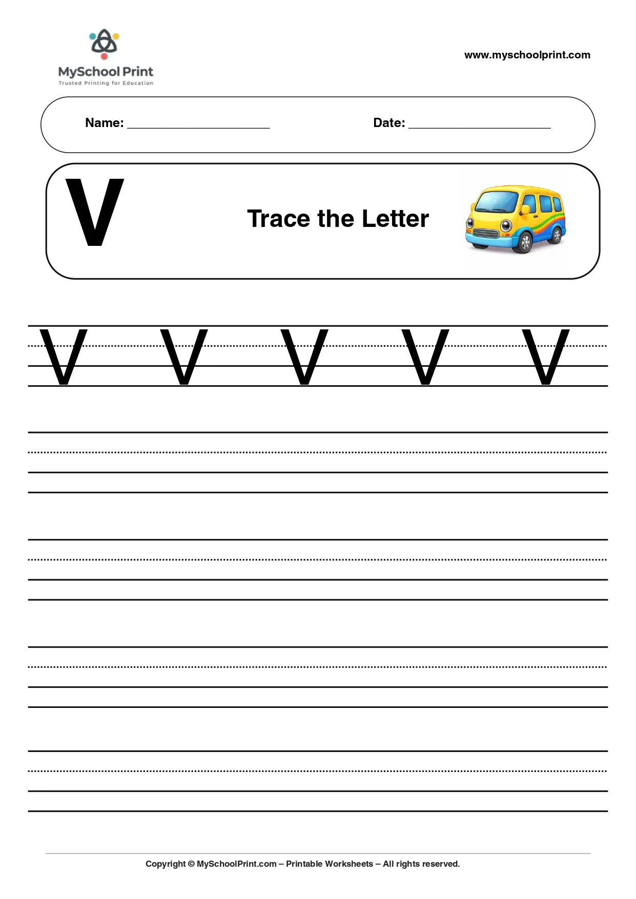 Uppercase letter V tracing worksheet for preschool