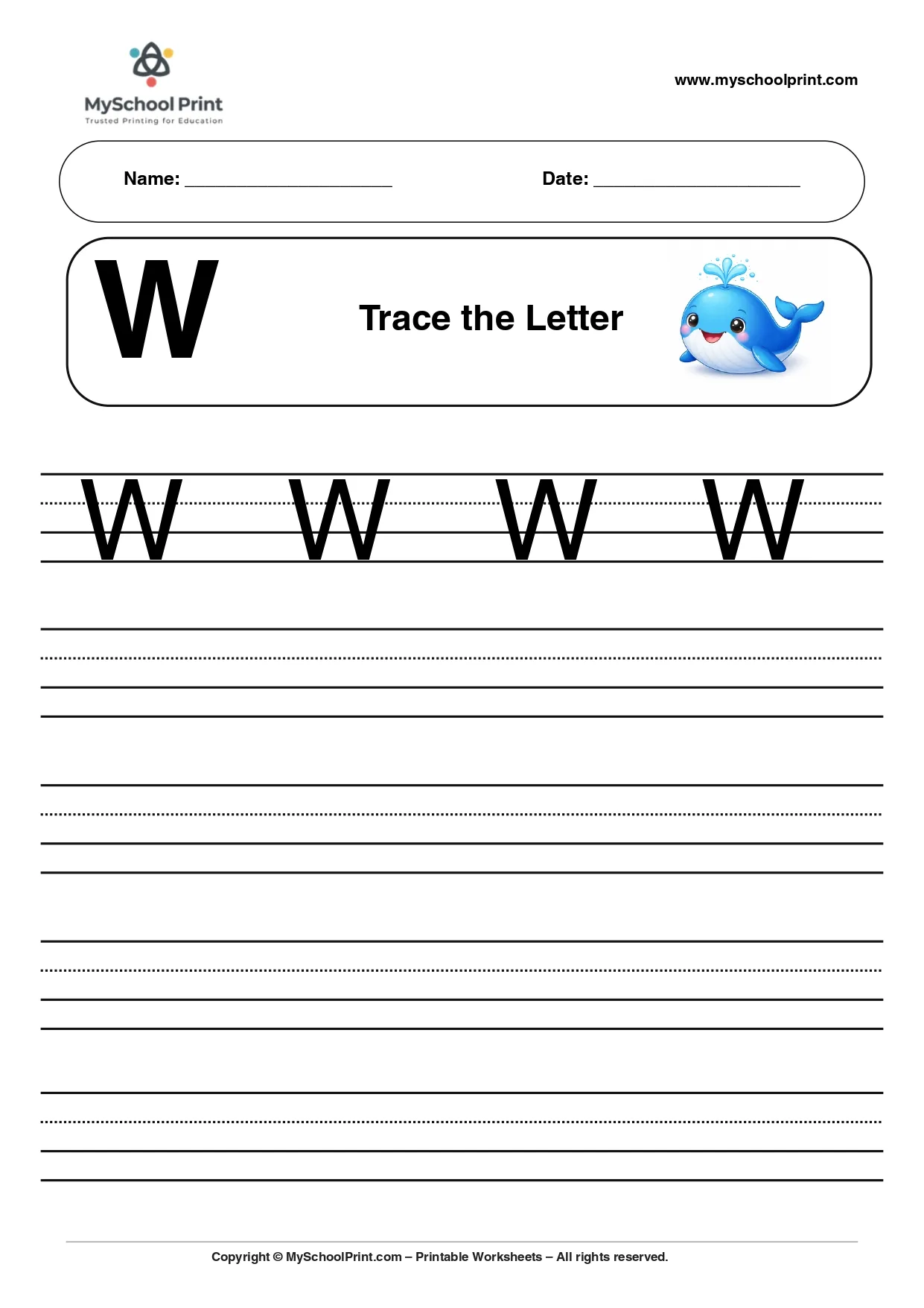 Uppercase letter W tracing worksheet for preschool
