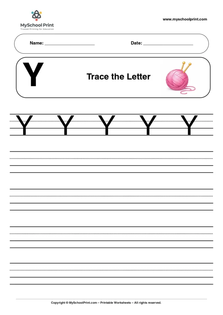 Uppercase letter Y tracing worksheet for preschool