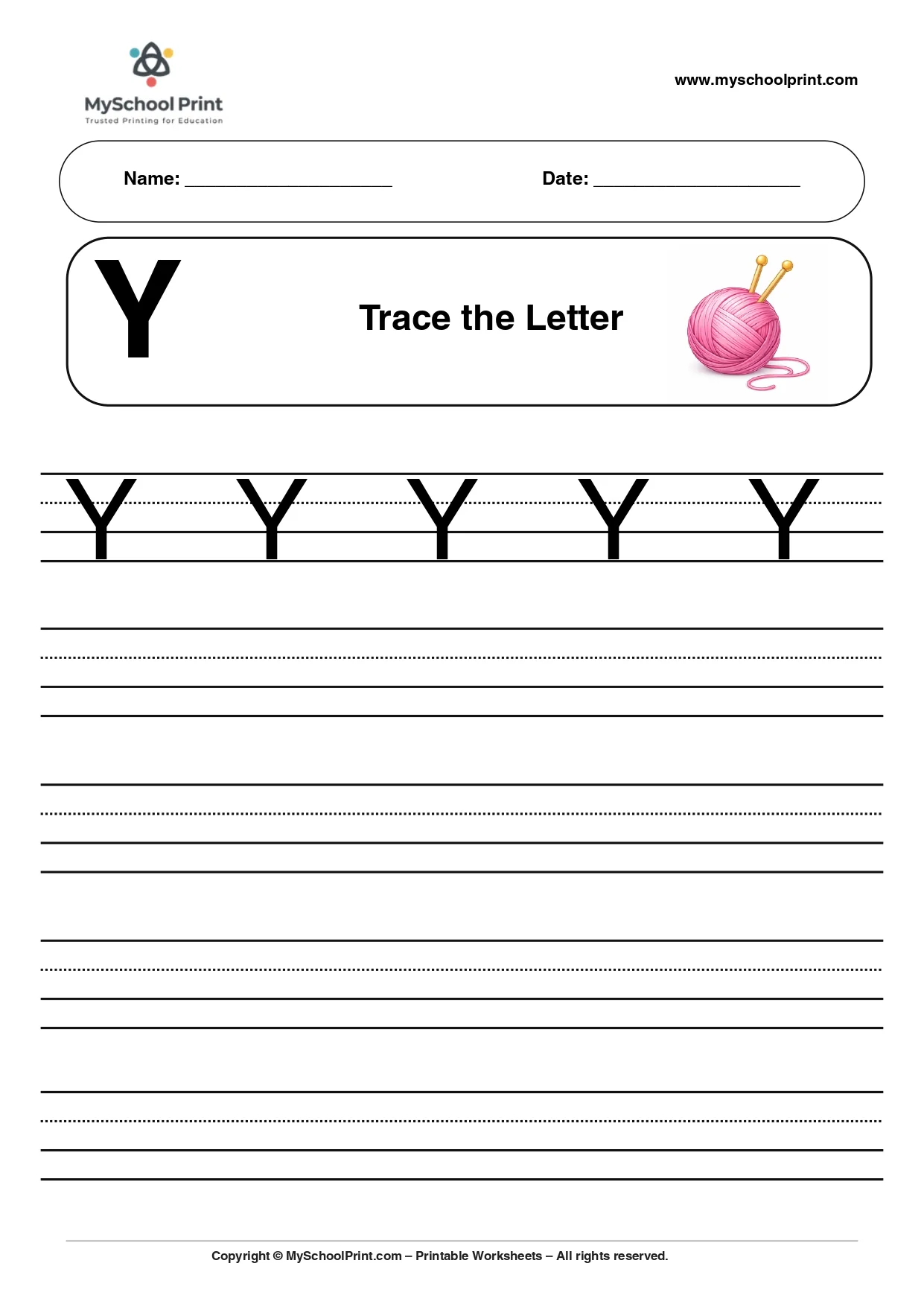 Uppercase letter Y tracing worksheet for preschool