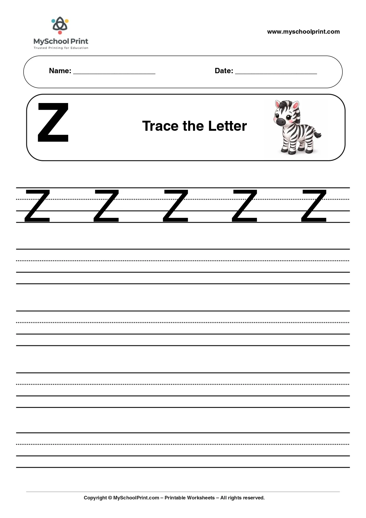 Uppercase letter Z tracing worksheet for preschool