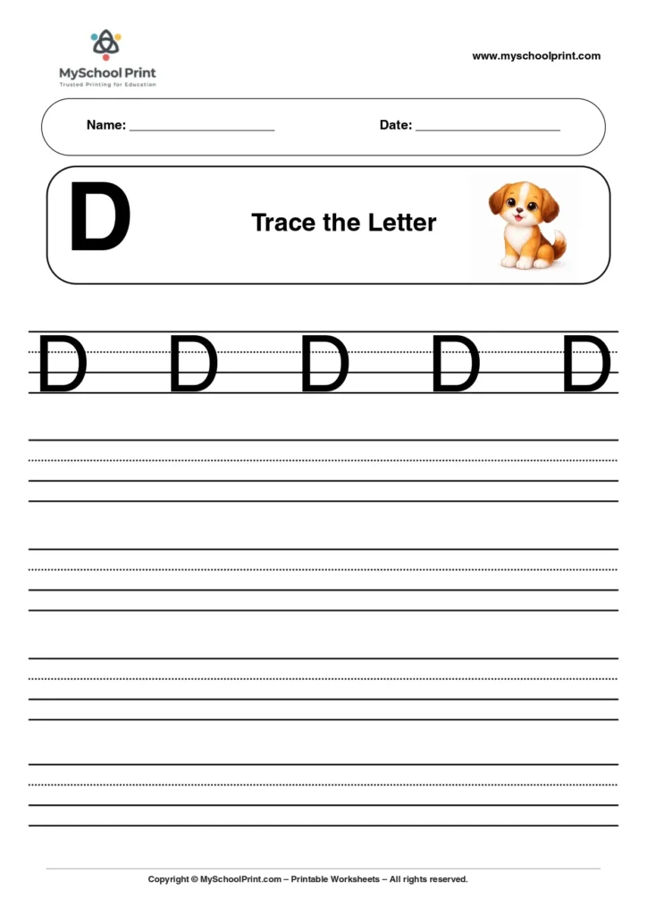 Uppercase letter D tracing worksheet for preschool