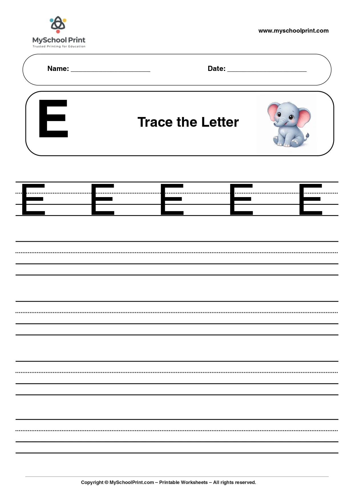 Uppercase letter E tracing worksheet for preschool