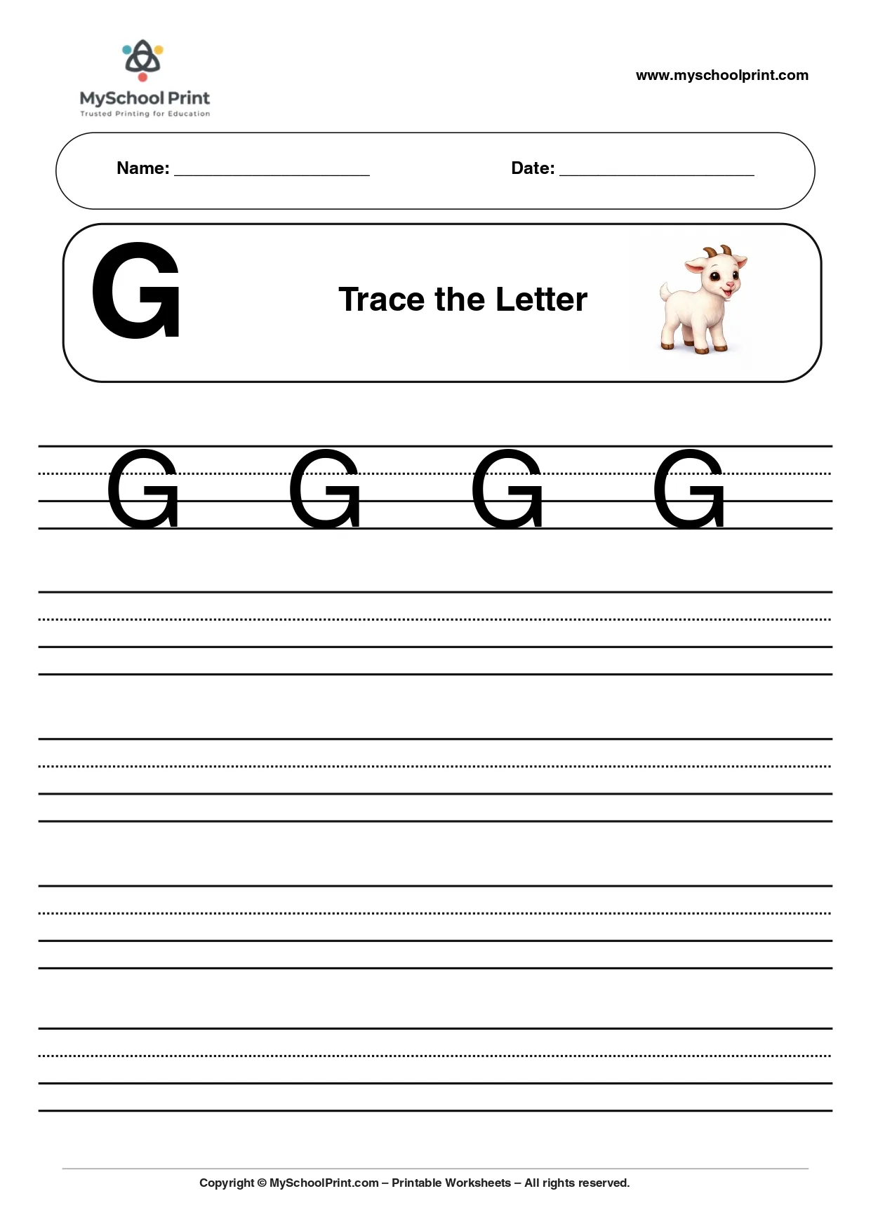 Uppercase letter G tracing worksheet for preschool