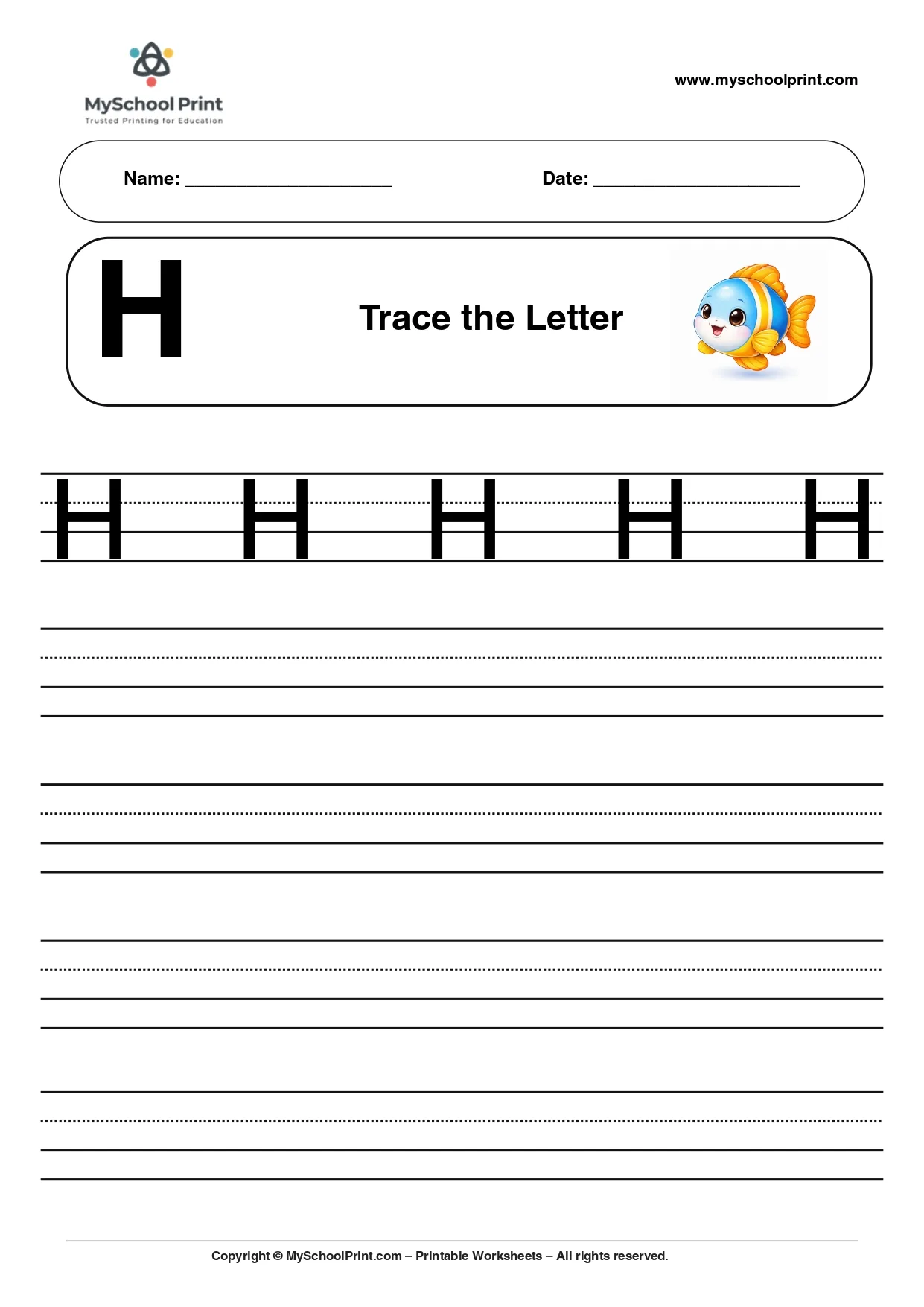 Uppercase letter H tracing worksheet for preschool