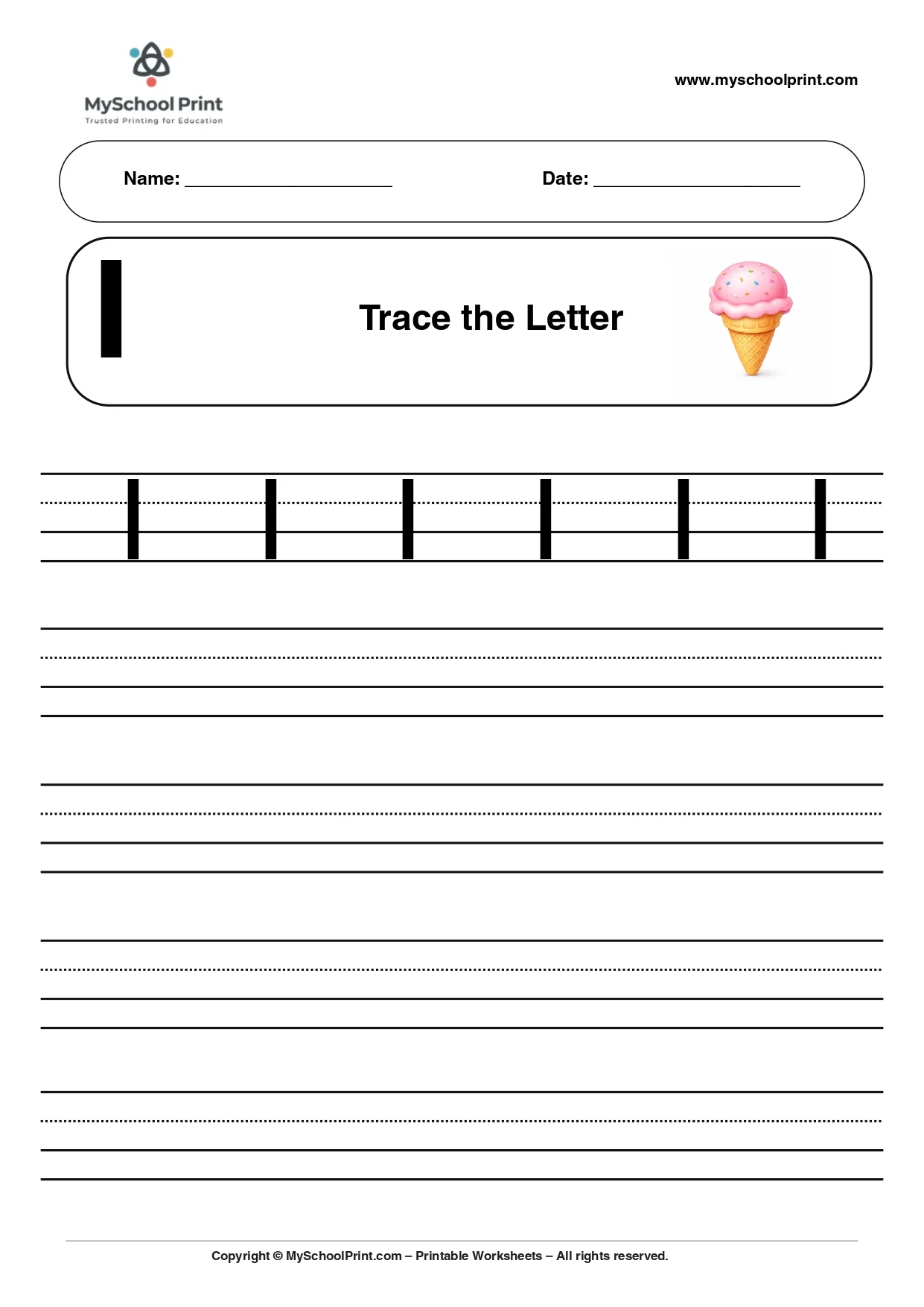 Uppercase letter I tracing worksheet for preschool