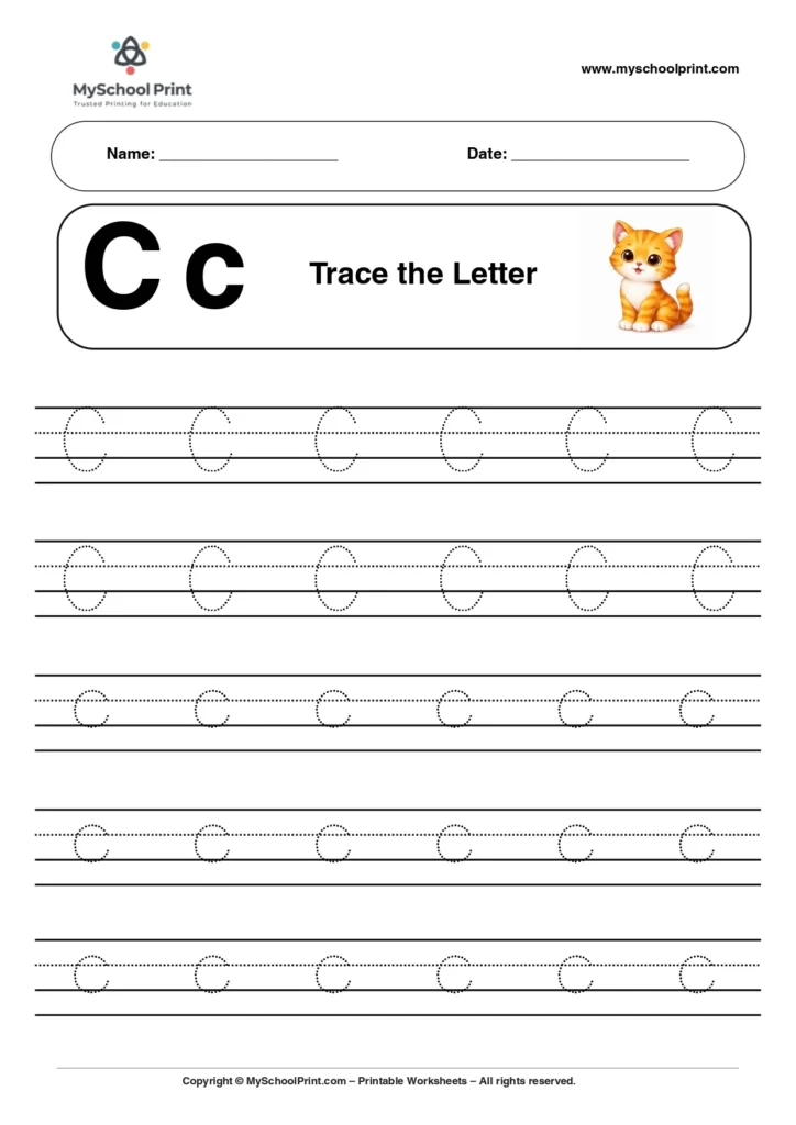 A capital and small letter C tracing worksheet for preschool children