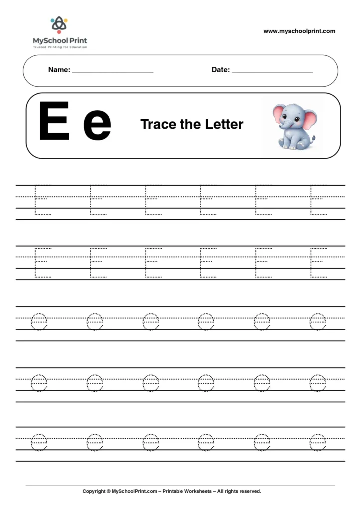 E Capital and Small Letter Tracing Worksheet
