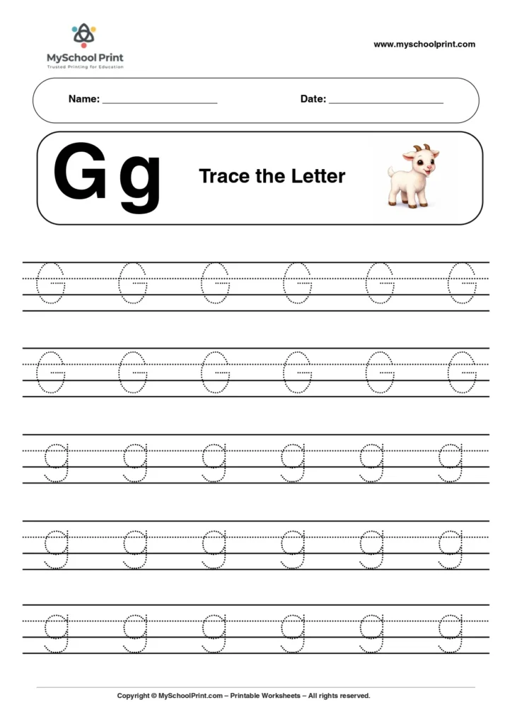A capital and small letter G tracing worksheet