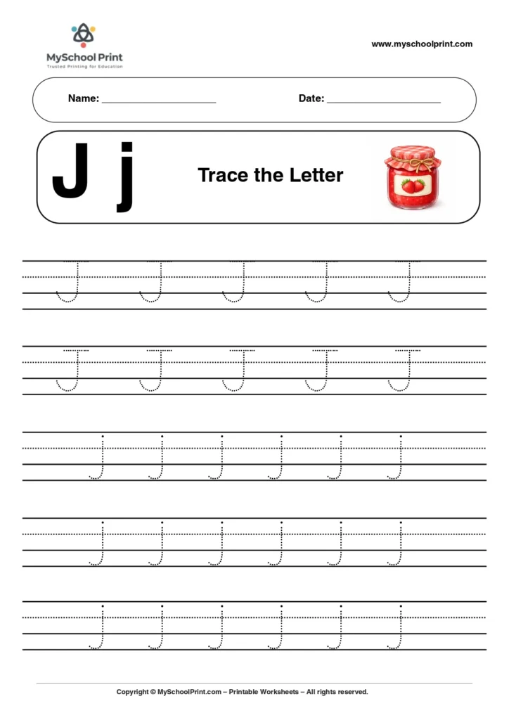 A capital and small letter J tracing worksheet