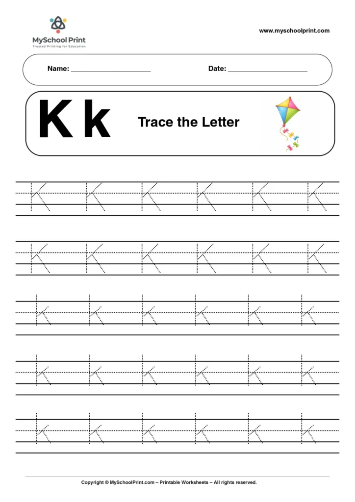 A capital and small letter K tracing worksheet
