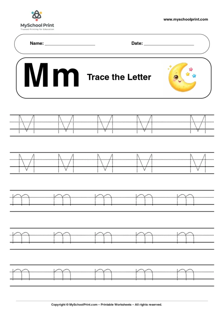 A capital and small letter M tracing worksheet