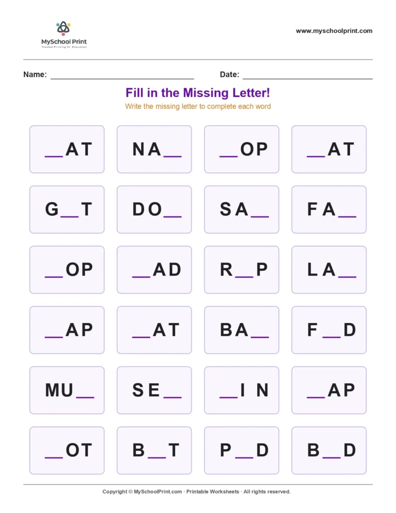 Missing letter worksheet 1