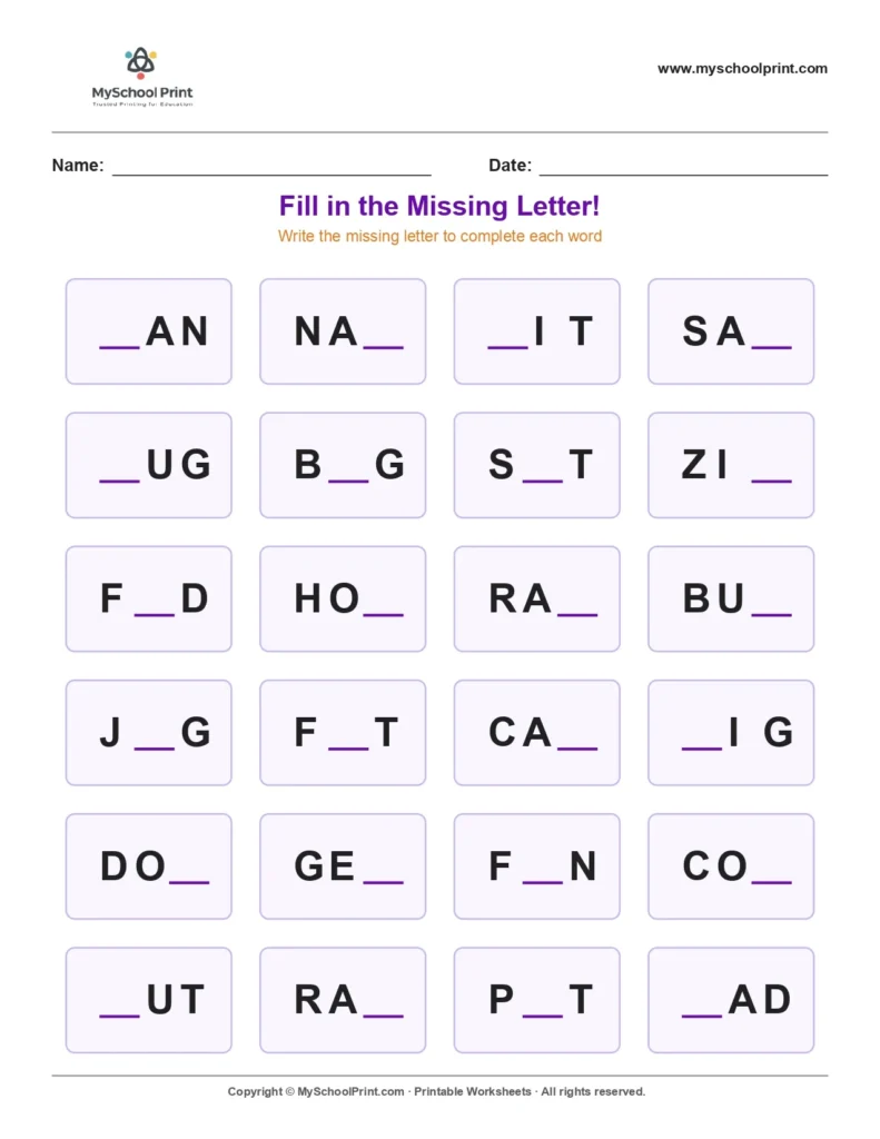Missing letter worksheet 10