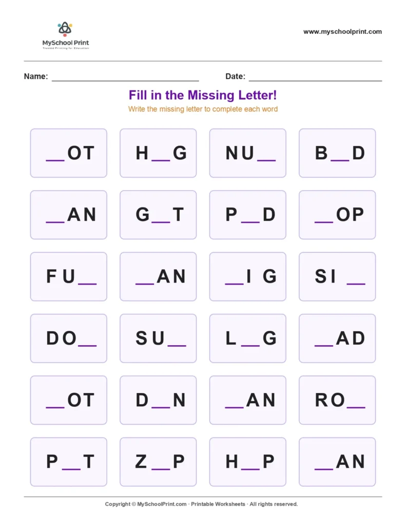Missing letter worksheet 100