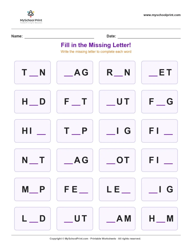 Missing letter worksheet 101