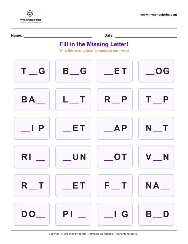 Missing letter worksheet 102