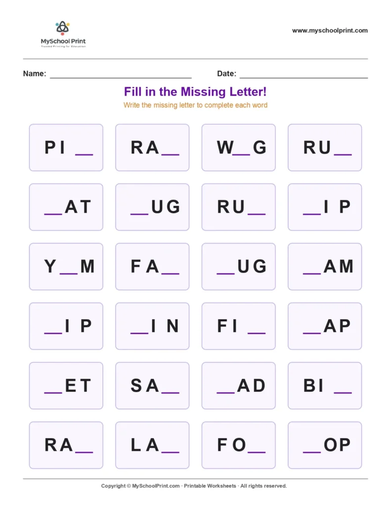 Missing letter worksheet 103
