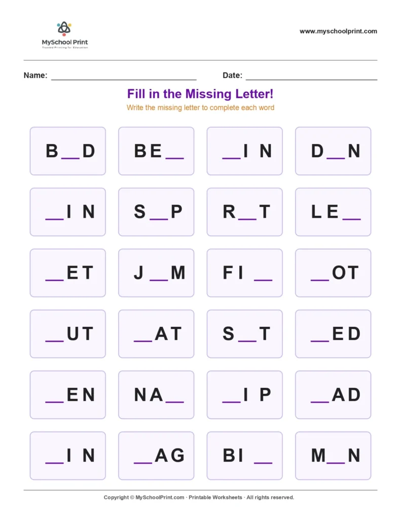 Missing letter worksheet 104