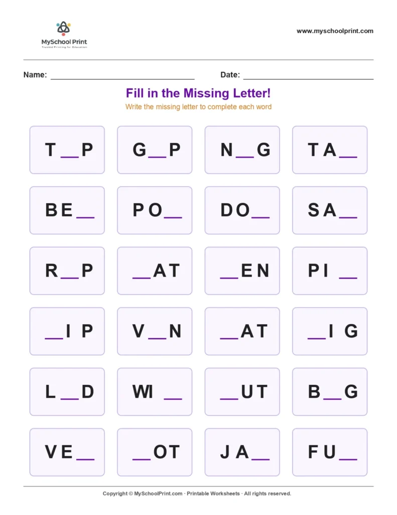 Missing letter worksheet 107