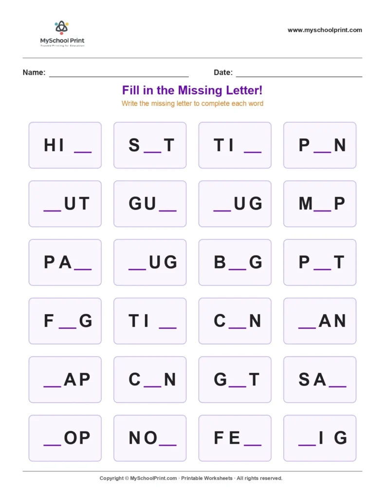 Missing letter worksheet 114