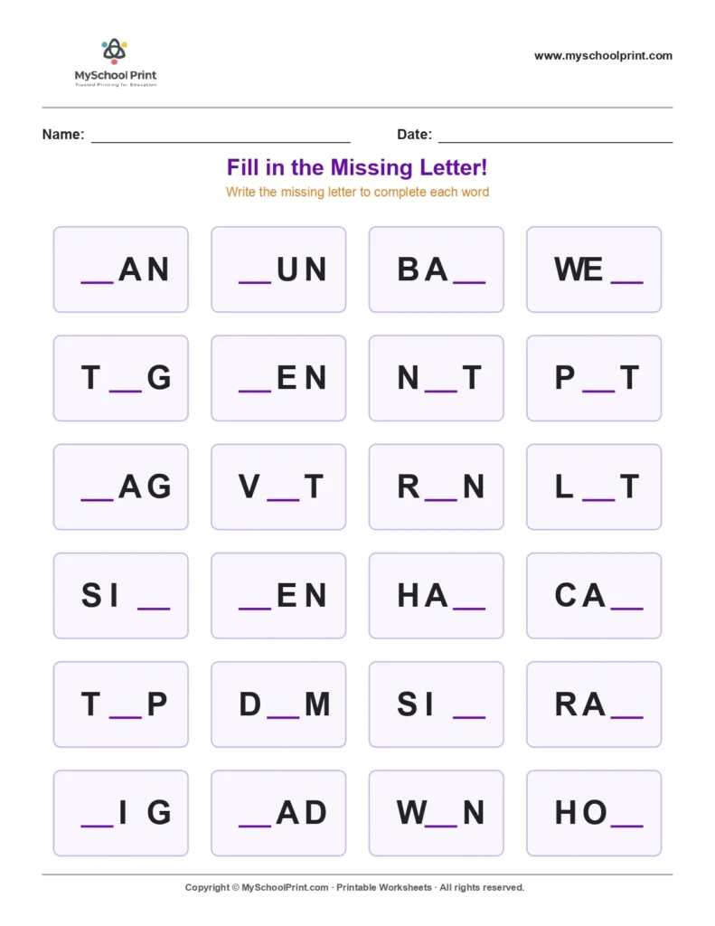 Missing letter worksheet 120