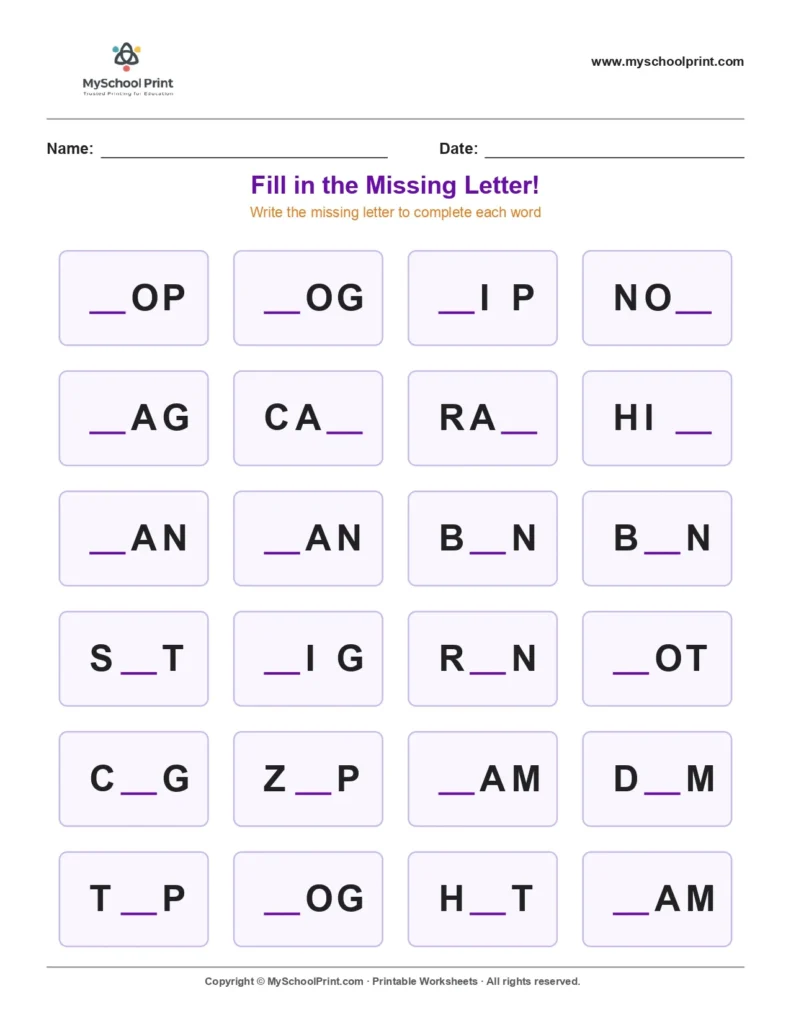 Missing letter worksheet 123