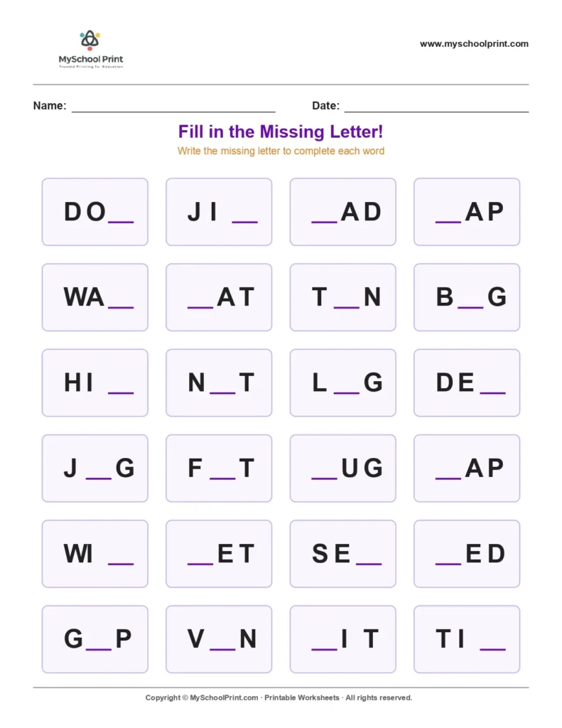 Missing letter worksheet 150
